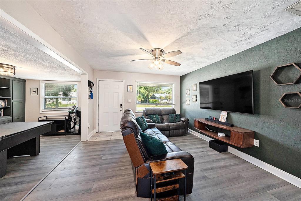 A living room features a dark green accent wall, a wall-mounted television, and wood-look flooring — 1209 E FLORA STREET, TAMPA, FL