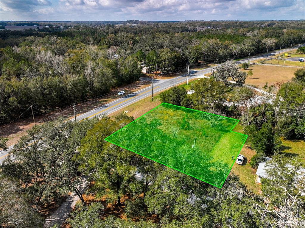 An aerial view shows a rectangular, grass-covered vacant lot outlined in green near a road — 106 NW FAT CAT COURT, LAKE CITY, FL