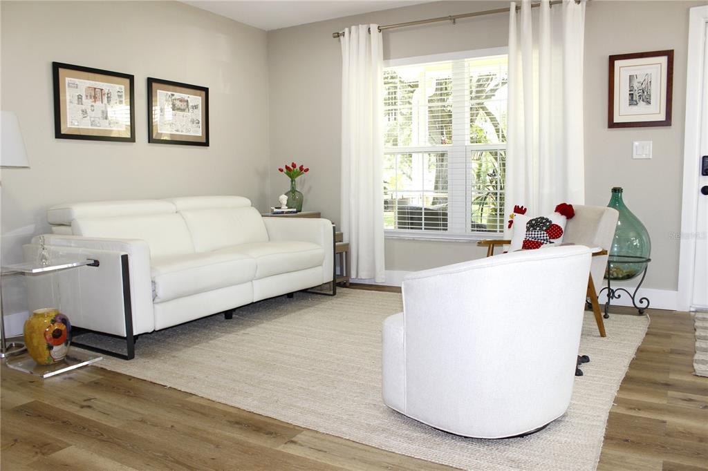 A living room features a white sofa, two armchairs, a rug, and framed wall art — 11861 RAINTREE DRIVE UNIT 65, TAMPA, FL