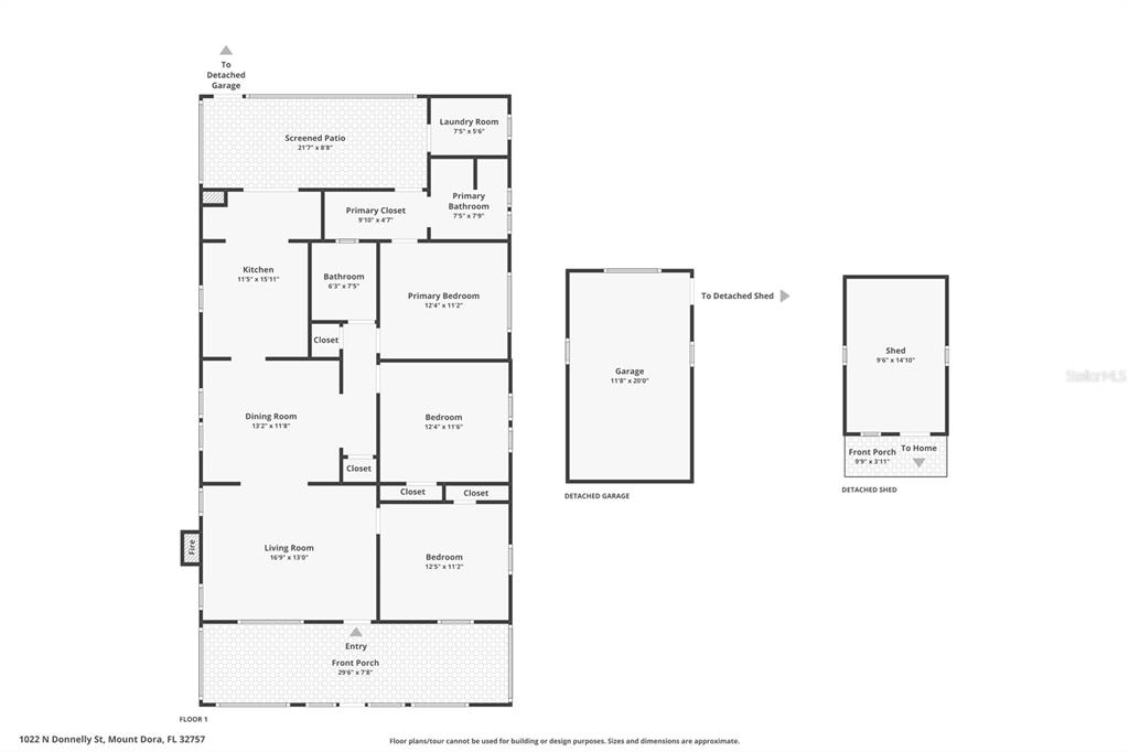 This is a floor plan showing a house, a detached garage, and a detached shed — 1022 N DONNELLY STREET, MOUNT DORA, FL