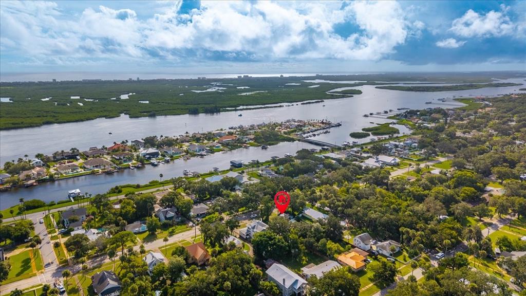 An aerial view shows a residential neighborhood near a waterway with a red location marker — 1116 MAGNOLIA STREET, NEW SMYRNA BEACH, FL