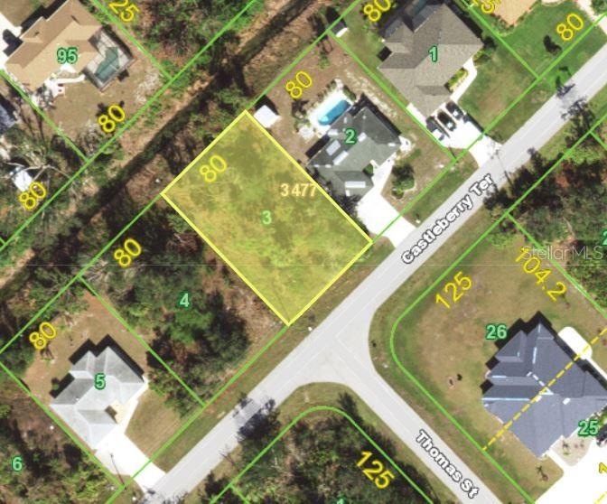 An aerial map view shows a vacant residential lot highlighted in yellow on a suburban street — 7313 CASTLEBERRY TERRACE, ENGLEWOOD, FL