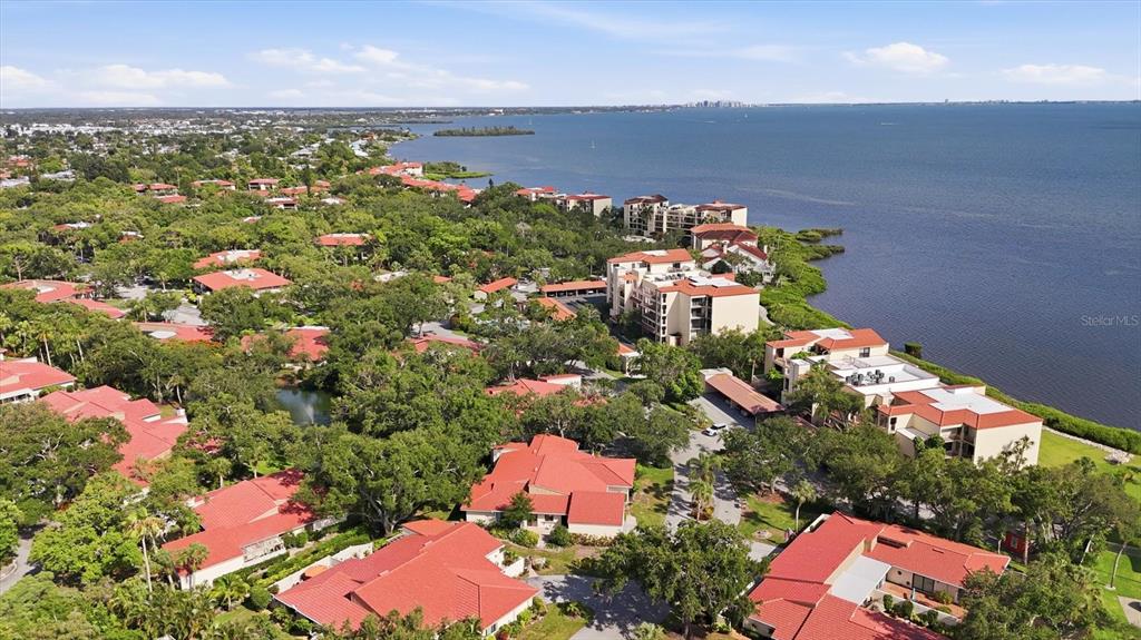 A patio with a table and umbrella overlooks a pond with a fountain and trees — 6421 SUN EAGLE LANE, BRADENTON, FL