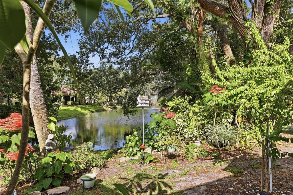 A backyard view featuring a small pond, lush trees, and a decorative birdhouse on a pole — 6421 SUN EAGLE LANE, BRADENTON, FL