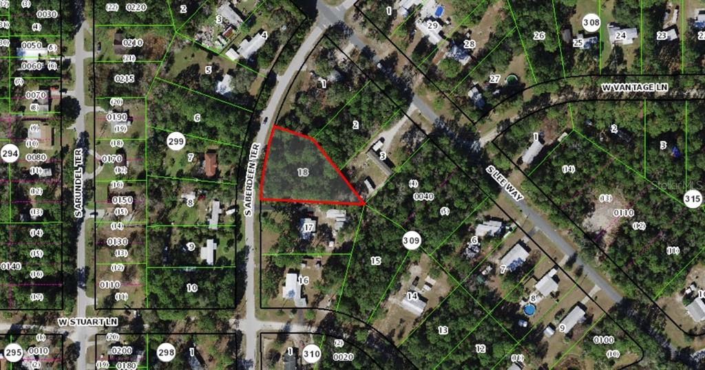 This is an aerial map showing a highlighted parcel of land in a residential neighborhood — 3247 S ABERDEEN TERRACE, HOMOSASSA, FL