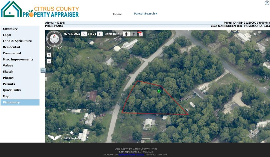 This is an aerial map view of a wooded property lot outlined in red — 3247 S ABERDEEN TERRACE, HOMOSASSA, FL