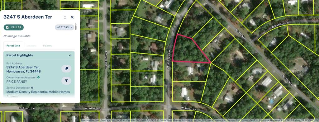 This is a satellite map showing a highlighted residential parcel of land in a wooded area — 3247 S ABERDEEN TERRACE, HOMOSASSA, FL