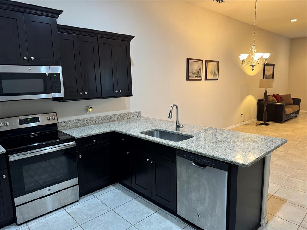 A kitchen features dark cabinets, granite countertops, stainless steel appliances, and an open floor plan — 3422 TORRE BOULEVARD, NEW SMYRNA BEACH, FL