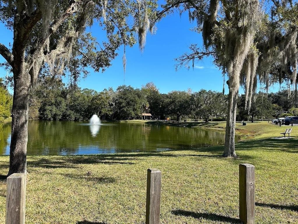 A pond with a fountain is surrounded by trees and grass in a park setting — 1333 SE 17TH STREET, OCALA, FL