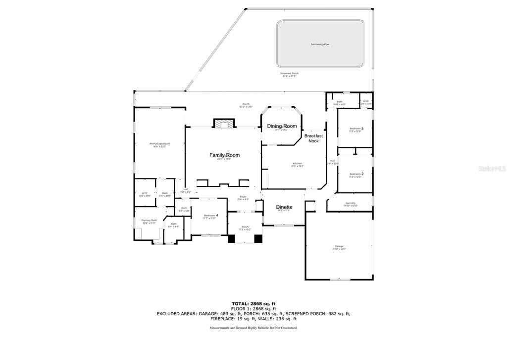 This is a floor plan for a single-story house featuring four bedrooms and a pool — 725 HERITAGE DRIVE NE, WINTER HAVEN, FL