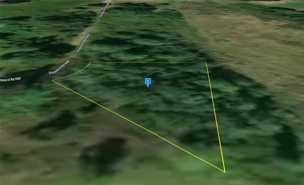 An aerial view shows a triangular plot of land outlined in yellow near a road — 390 SHEPPARD ROAD NW, LAKE PLACID, FL