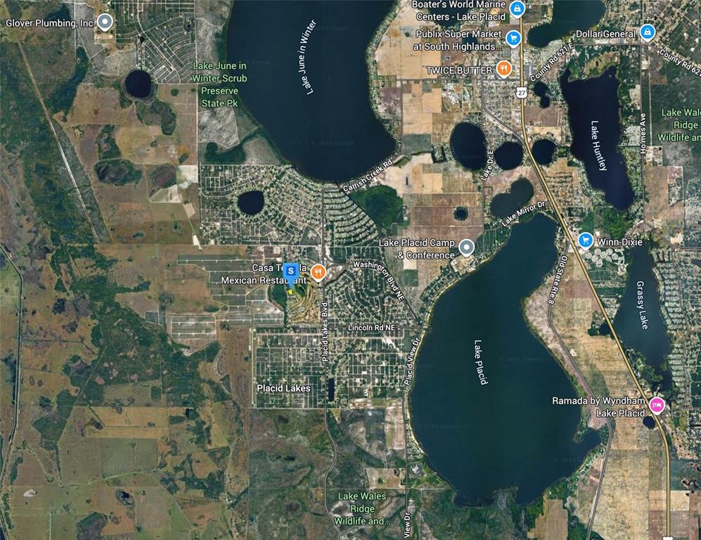 This is a satellite map view of the Lake Placid area in Florida — 390 SHEPPARD ROAD NW, LAKE PLACID, FL