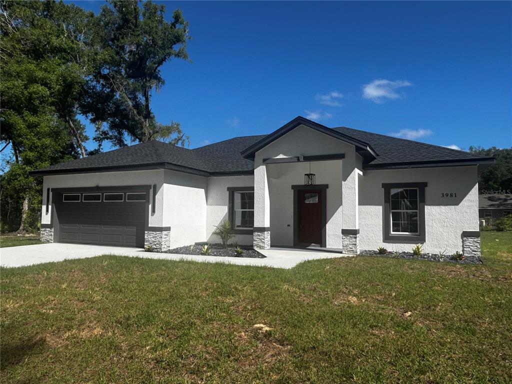 A single-story house with white stucco walls, a dark roof, and a two-car garage — 3981 SE 142ND LANE, SUMMERFIELD, FL