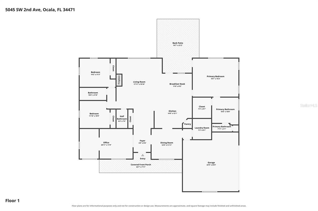 This is a floor plan for a single-story house with a garage and back patio — 5045 SW 2ND AVENUE, OCALA, FL