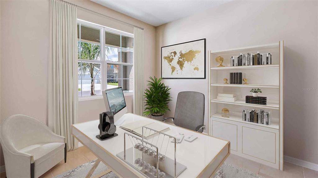 This is a digital rendering of a home office featuring a desk, chair, and bookshelf — 1124 CHASEHILL LANE, ZEPHYRHILLS, FL