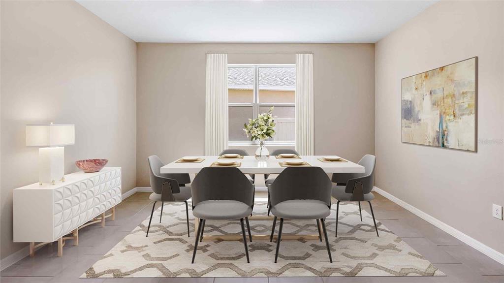 This is a digital rendering of a dining room featuring a white table and chairs — 1124 CHASEHILL LANE, ZEPHYRHILLS, FL