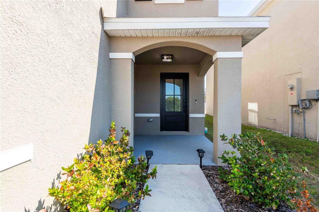 A covered entryway features a concrete walkway, a black front door, and surrounding landscaping — 12172 LILY MAGNOLIA LANE, RIVERVIEW, FL