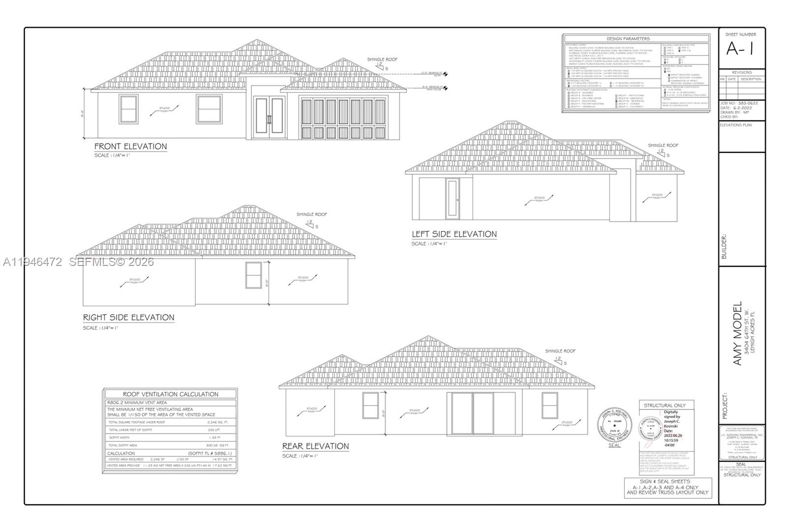 This architectural rendering displays the front, rear, and side elevations of a stucco house — 3606 54TH ST W, Lehigh Acres FL 33971, LEHIGH ACRES, FL