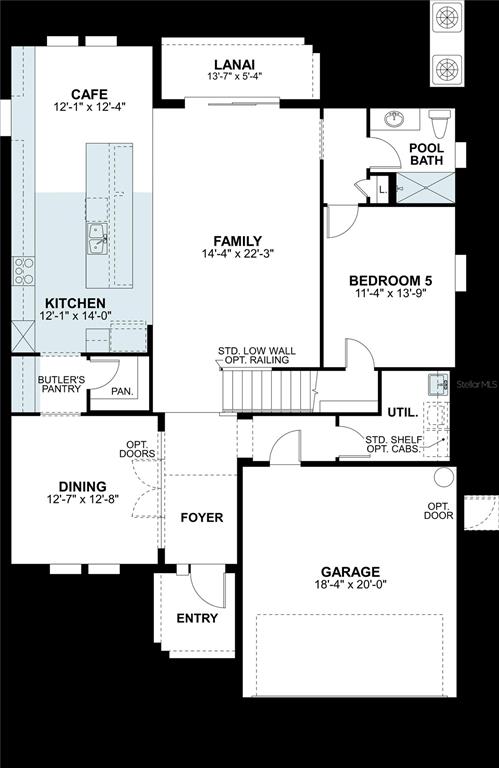 This is a floor plan of the first level of a house — 5587 MAYDALE AVENUE, WESLEY CHAPEL, FL