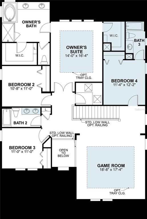 This is a floor plan of a residential second story featuring four bedrooms and a game room — 5587 MAYDALE AVENUE, WESLEY CHAPEL, FL