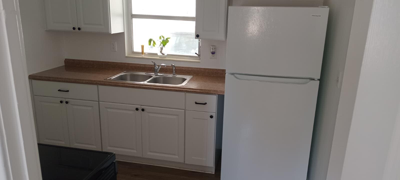 A kitchen features white cabinets, a brown countertop, a double sink, and a white refrigerator — 131 E Camphor Street, FL 33825, FL
