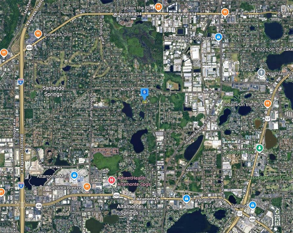 This is a satellite map view of the Altamonte Springs area in Florida — 1329 FRANKLIN STREET, ALTAMONTE SPRINGS, FL