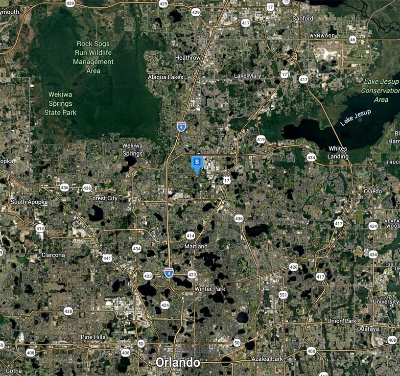This is a satellite map showing the area north of Orlando, Florida — 1329 FRANKLIN STREET, ALTAMONTE SPRINGS, FL