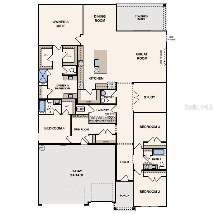 This is a floor plan for a single-story house with a three-bay garage — 46 PEGASUS ROAD, FLAGLER BEACH, FL