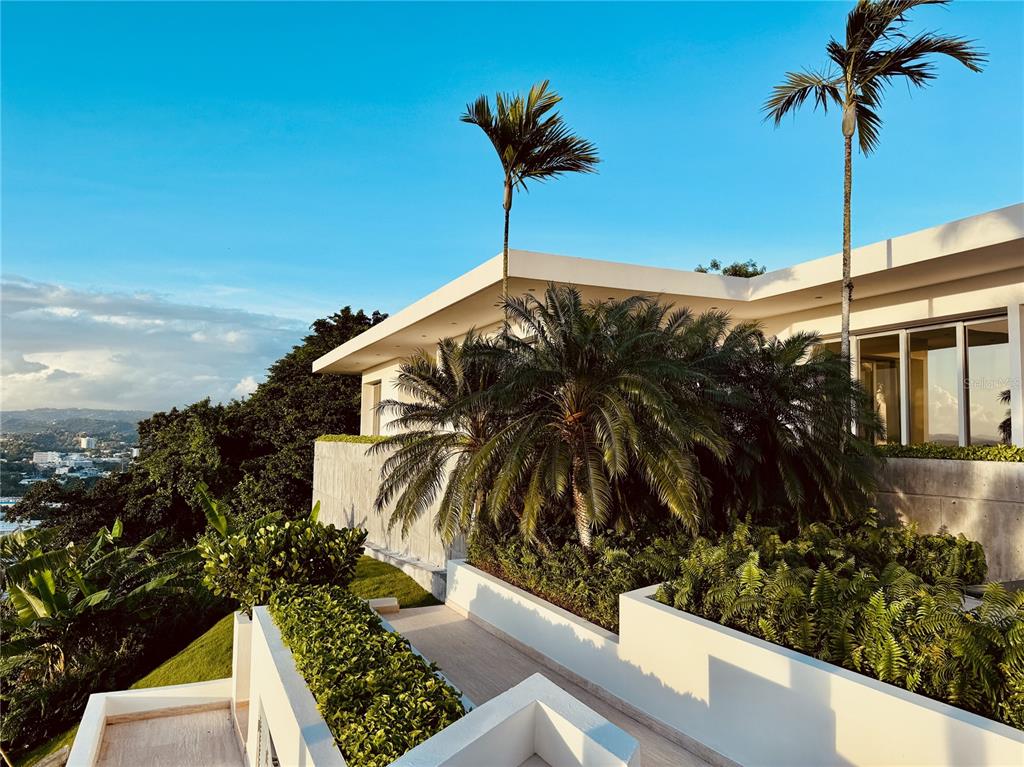 A modern white house with palm trees and tiered landscaping overlooks a distant hillside city — URB. LA LOMITA CALLE VISTA LINDA, GUAYNABO, PR