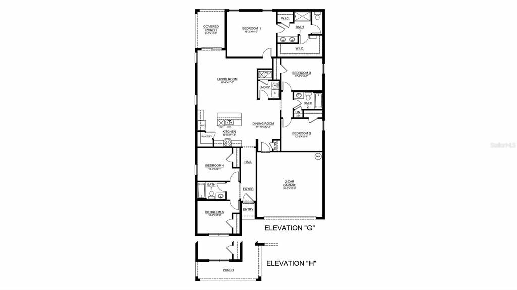 This is a floor plan for a five-bedroom house with a garage and covered porch — 8482 WHEAT STONE DRIVE, ZEPHYRHILLS, FL
