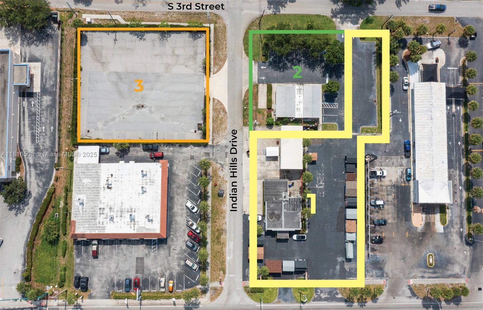This aerial map shows three outlined commercial properties separated by a street — 2402 S US Highway 1, Fort Pierce FL 34982, FORT PIERCE, FL