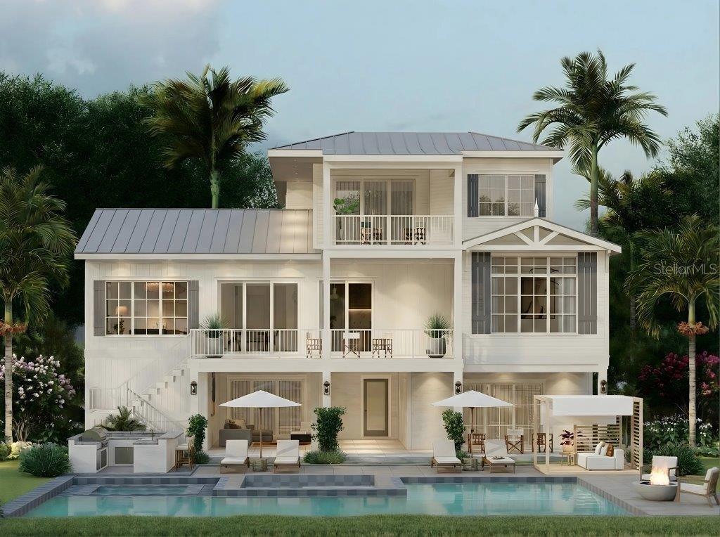 A digital rendering of a three-story white house with a pool, patio, and outdoor kitchen — 8504 HERON LAGOON CIRCLE, SARASOTA, FL