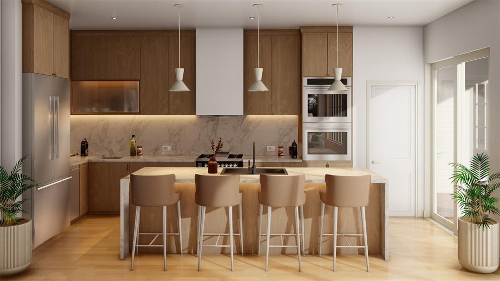 This rendering shows a modern kitchen with wood cabinetry, a marble backsplash, and a central island — 8504 HERON LAGOON CIRCLE, SARASOTA, FL
