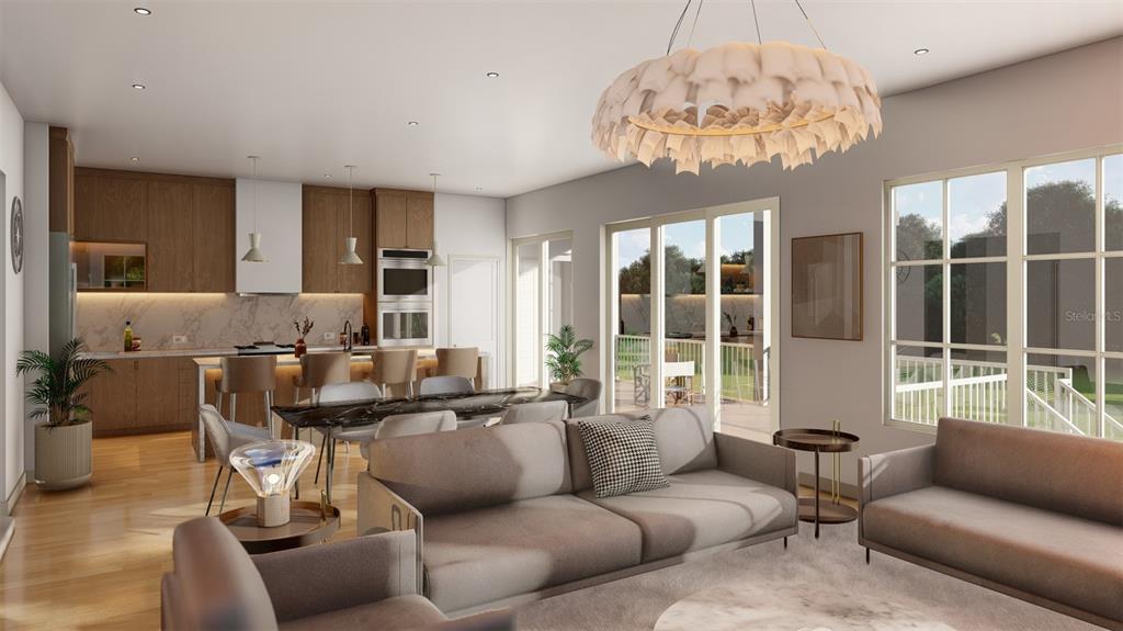 This is a rendering of an open-concept living room and kitchen with modern finishes — 8504 HERON LAGOON CIRCLE, SARASOTA, FL