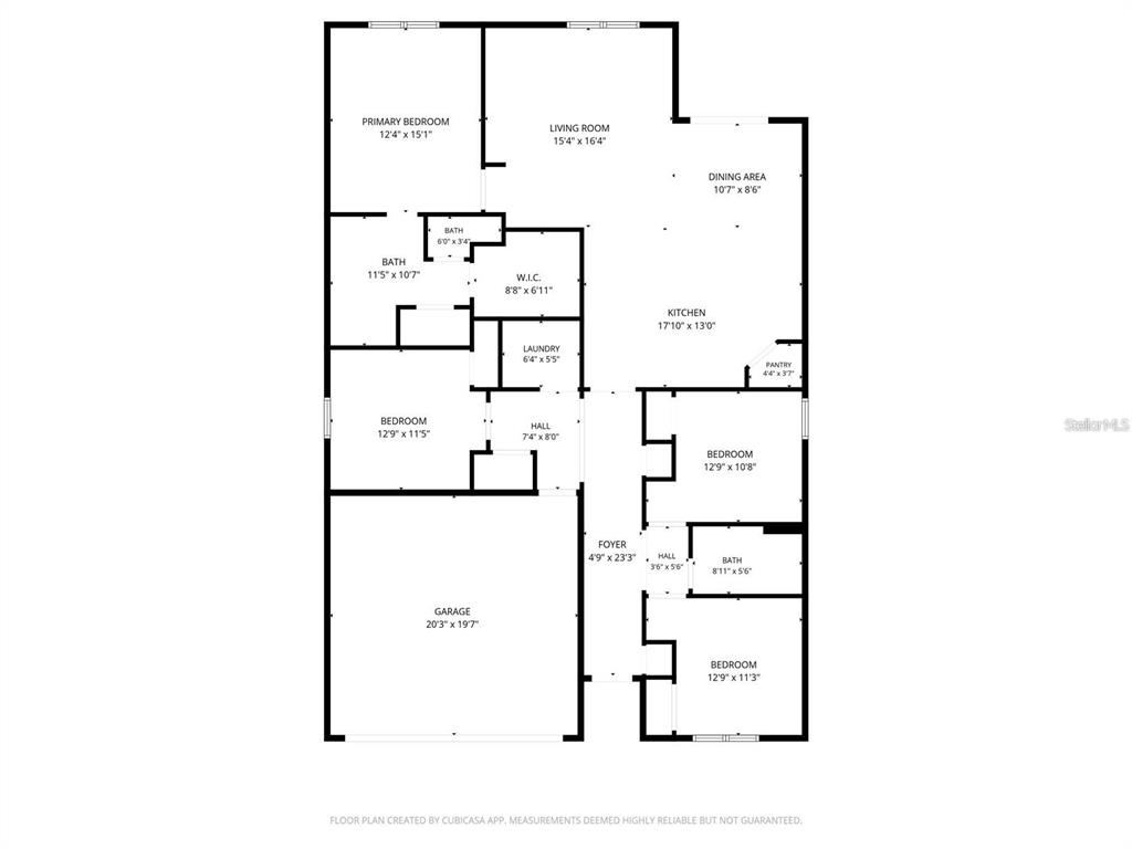 This is a floor plan showing a single-story house with a garage and four bedrooms — 121 OLD MILL POND ROAD, EDGEWATER, FL