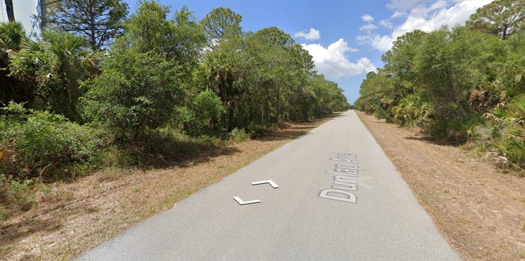 A paved road stretches through a wooded area with dense trees and vegetation on both sides — 14221 & 14229 DUNLAP AVENUE, PORT CHARLOTTE, FL
