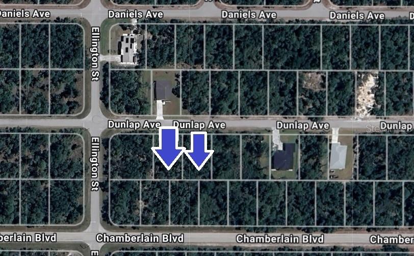 This is an aerial map showing two adjacent vacant lots located between Dunlap Avenue and Chamberlain Boulevard — 14221 & 14229 DUNLAP AVENUE, PORT CHARLOTTE, FL