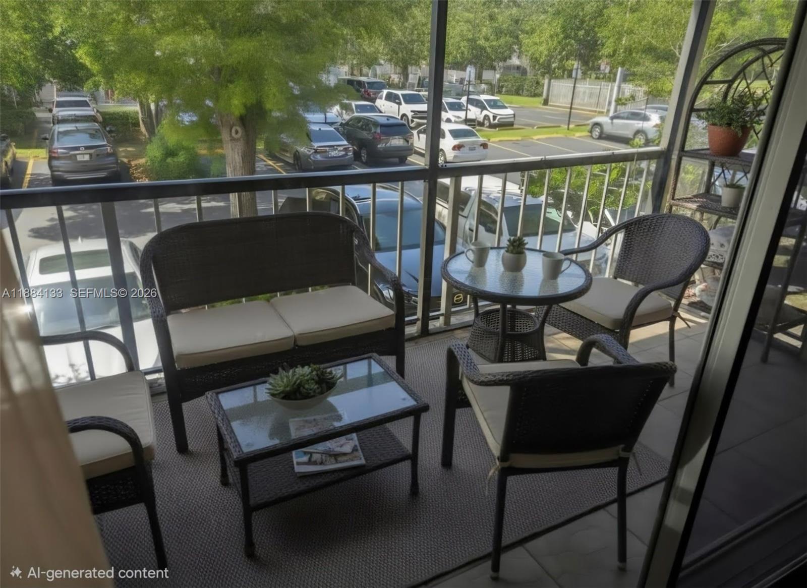 A furnished balcony with wicker seating, a glass-top table, and a view of a parking lot — 13700 SW 62nd St # 204, Miami FL 33183, MIAMI, FL