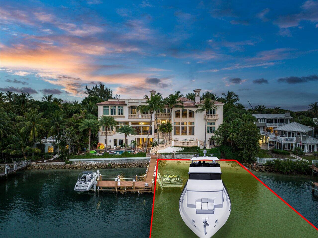 An aerial view shows a large waterfront mansion with a private dock and a boat — 3090 S Ocean Boulevard, Manalapan FL 33462, MANALAPAN, FL
