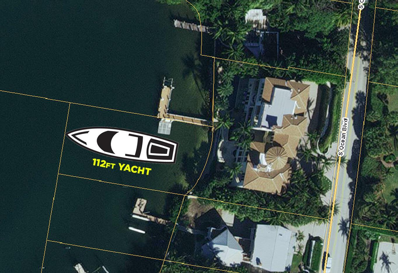 This is an aerial map showing a residential property with a dock and a yacht graphic — 3090 S Ocean Boulevard, Manalapan FL 33462, MANALAPAN, FL