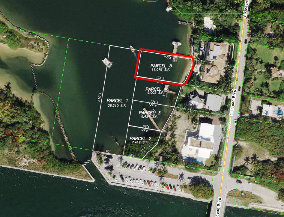 This aerial map shows five waterfront land parcels outlined in green along a coastal road — 3090 S Ocean Boulevard, Manalapan FL 33462, MANALAPAN, FL