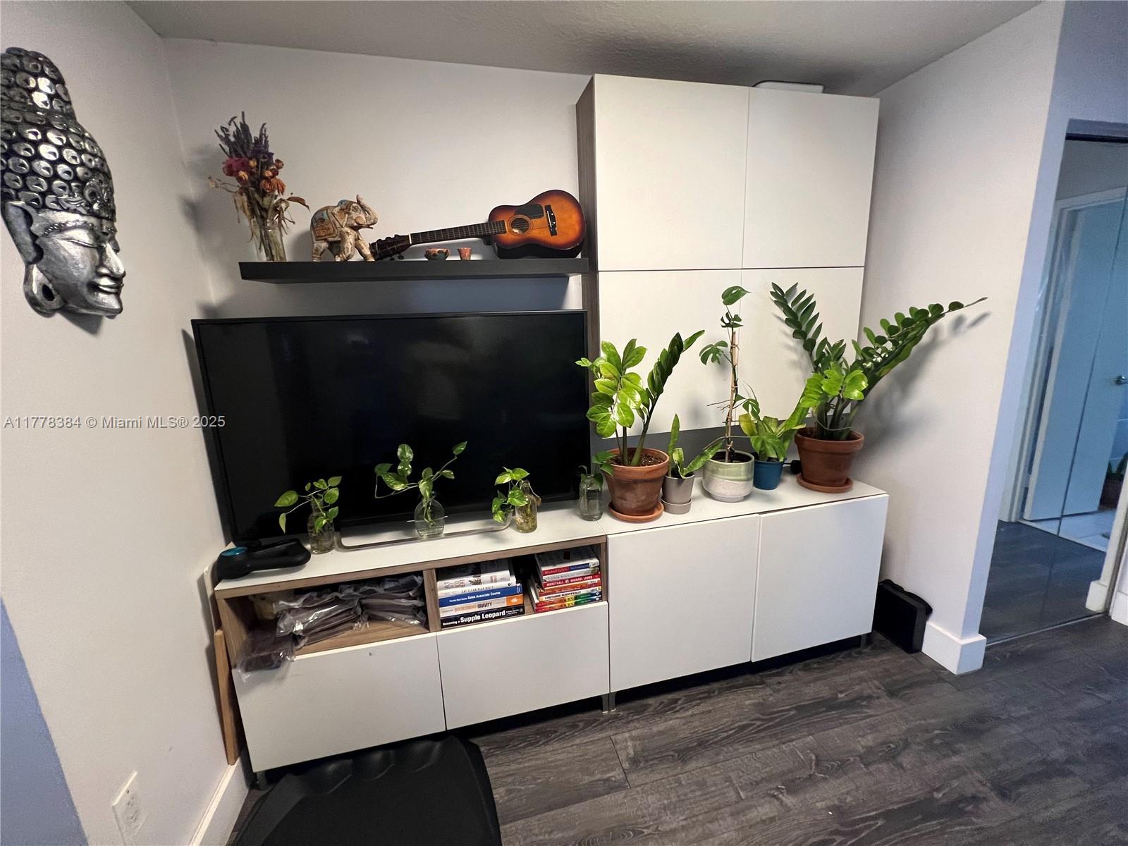 A living room features a television, white storage cabinets, a floating shelf, and several potted plants — 221 Meridian Ave # 206, Miami Beach FL 33139, MIAMI BEACH, FL
