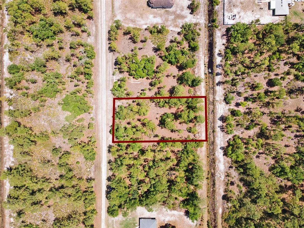 An aerial view shows a rectangular plot of land highlighted in red amidst wooded terrain — 3871 GALLARDIA DRIVE, INDIAN LAKE ESTATES, FL