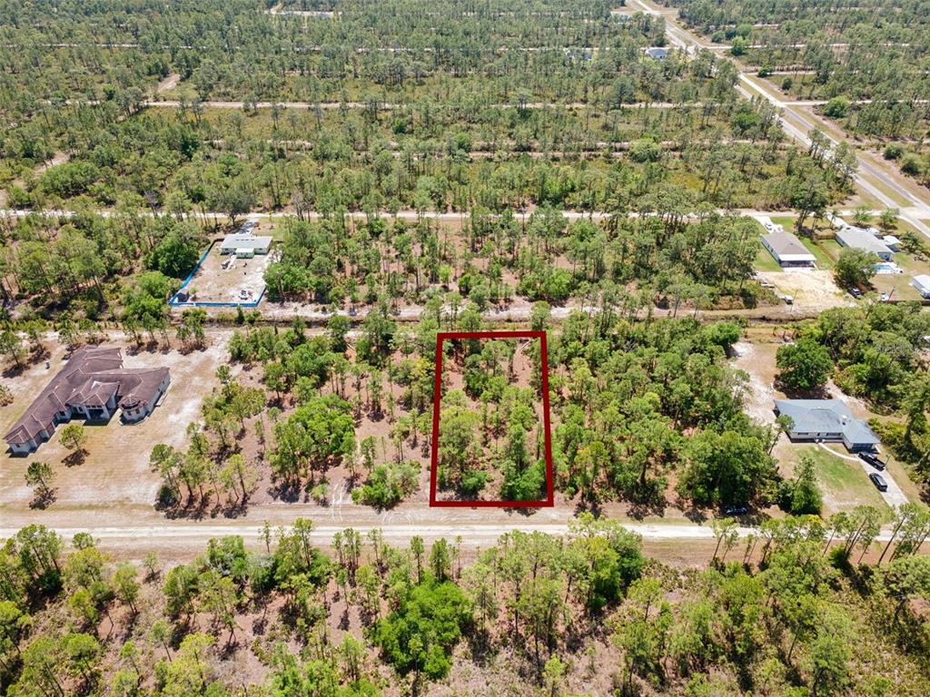 An aerial view shows a rectangular, wooded vacant lot outlined in red along a road — 3871 GALLARDIA DRIVE, INDIAN LAKE ESTATES, FL
