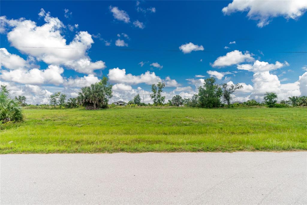 A grassy, undeveloped lot sits behind a paved road under a bright, cloudy sky — 3902 NW 41ST LANE, CAPE CORAL, FL