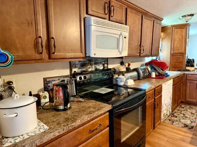 A kitchen features wood cabinets, a white microwave, and a black stove with a kettle — 11340 SW 28TH WAY, WEBSTER, FL