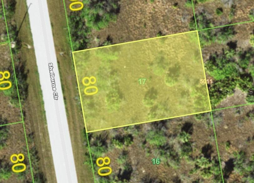 An aerial map view shows a rectangular vacant lot labeled 17 adjacent to Shelburne Cir — 9813 SHELBURNE CIRCLE, PORT CHARLOTTE, FL