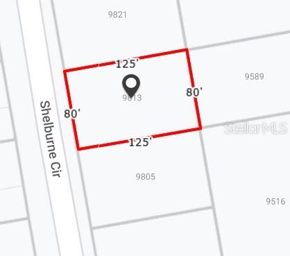 This is a map showing the rectangular property boundaries and dimensions of a residential lot — 9813 SHELBURNE CIRCLE, PORT CHARLOTTE, FL