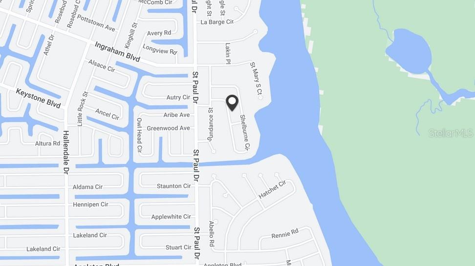This is a map showing residential streets and a waterway in a suburban neighborhood — 9813 SHELBURNE CIRCLE, PORT CHARLOTTE, FL