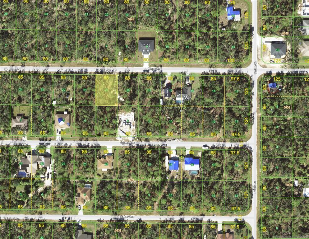 This is an aerial map showing residential lots and streets in a wooded neighborhood — 17121 NIXON AVENUE, PORT CHARLOTTE, FL